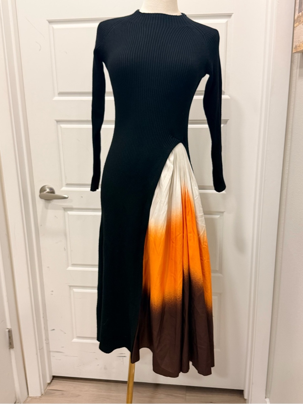 Black Midi Sweater Dress with Orange Ombre Pleat - Picture 3 of 8